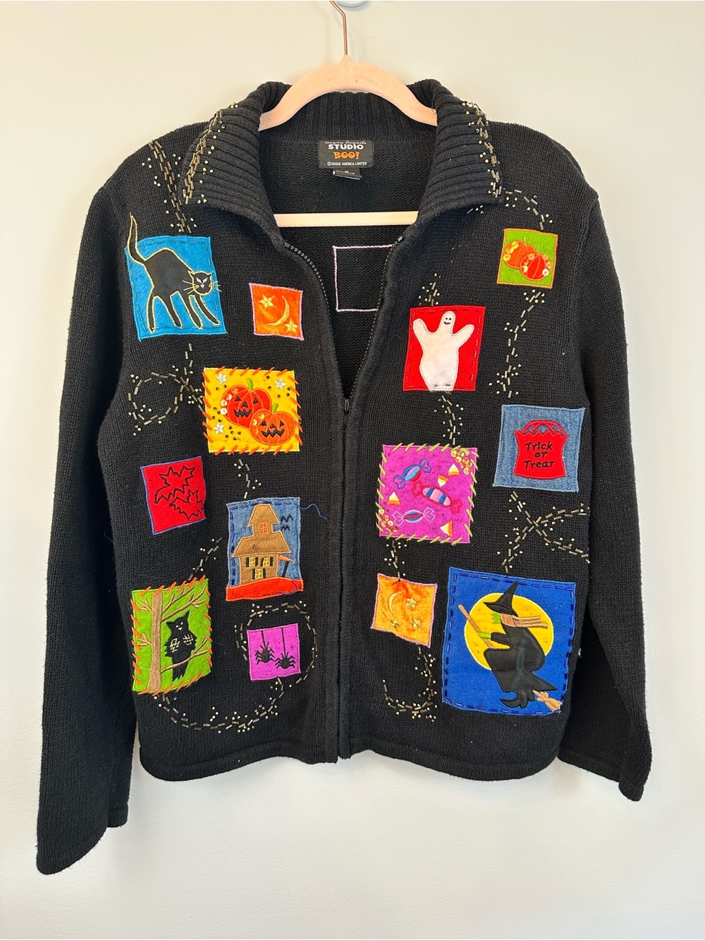 Vintage “Ugly” Halloween Sweater Jacket, 90s Halloween, Studio Boo Cotton